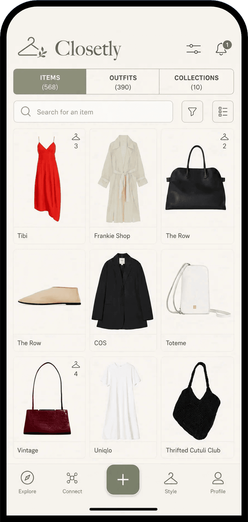 Digital wardrobe items screen