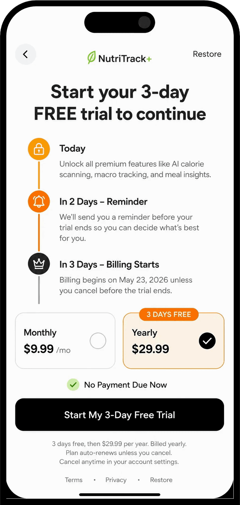 Free trial paywall screen